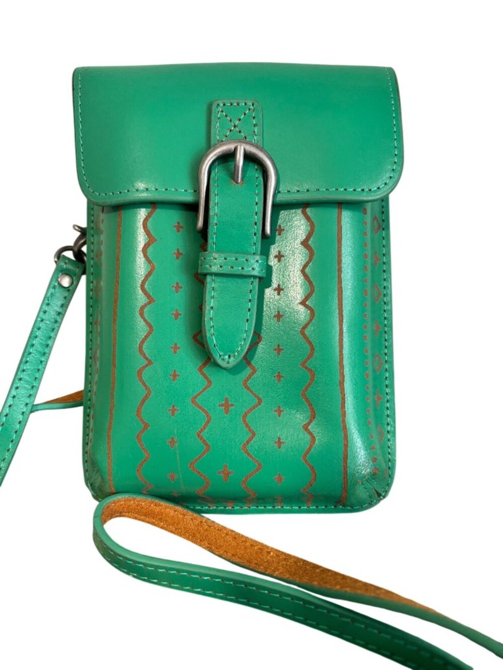 MW Green Leather Crossbody With Patterned Design & Buckle Closure